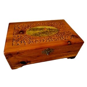 Vintage Hand Carved Solid Wood Box With Equestrian Scene on Top Dove Tail